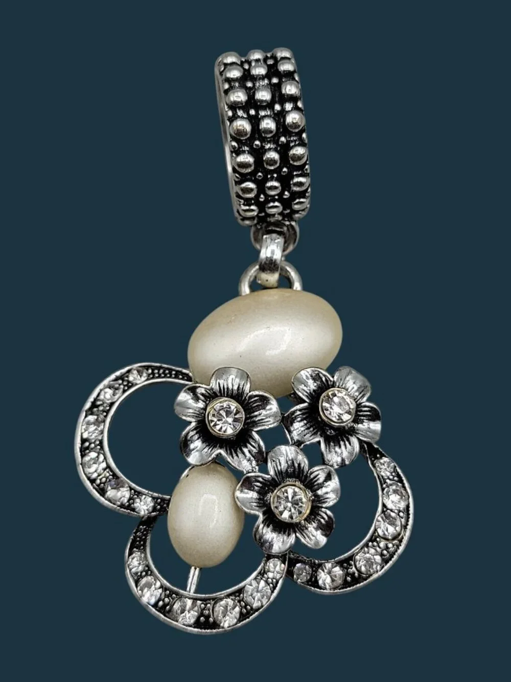Vintage Silver-Tone Floral Scarf Slide with Faux Pearls & Clear Rhinestones